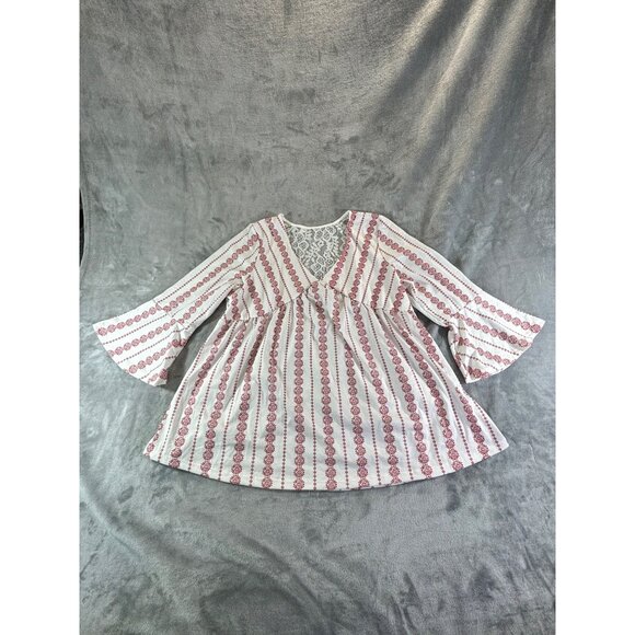 Baby doll Blouse Women's Large Red and White V-Neck Top with Lace upper Back - Picture 7 of 8